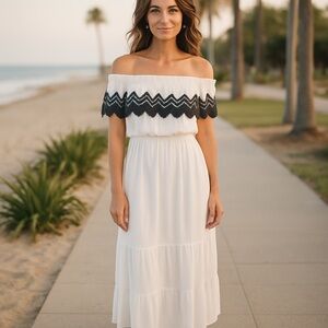Romeo and Juliet Couture Off White Off Shoulder Lace Long Dress, beach wedding